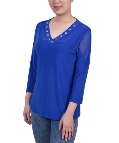 Petite Long Sleeve Top with Mesh Insets Blue $12.60 Tops