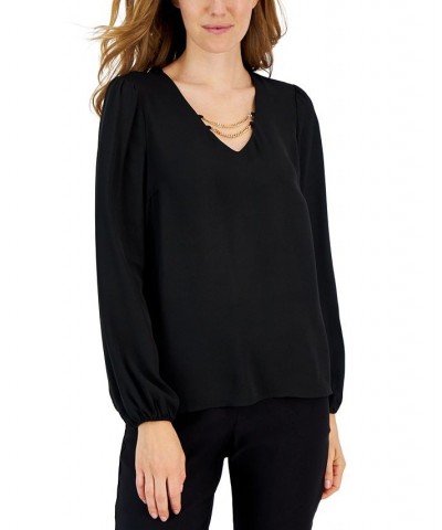 Women's Long-Sleeve V-Neck Chain-Detail Top Black $44.00 Tops