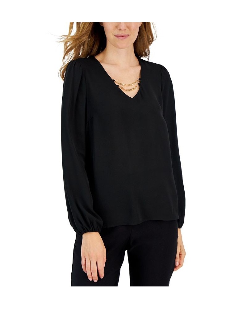 Women's Long-Sleeve V-Neck Chain-Detail Top Black $44.00 Tops