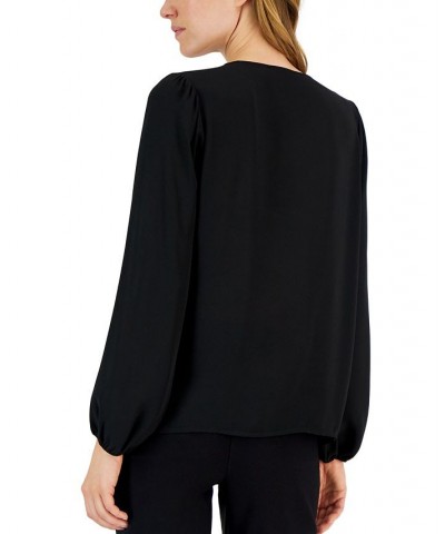 Women's Long-Sleeve V-Neck Chain-Detail Top Black $44.00 Tops