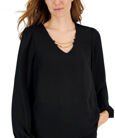 Women's Long-Sleeve V-Neck Chain-Detail Top Black $44.00 Tops