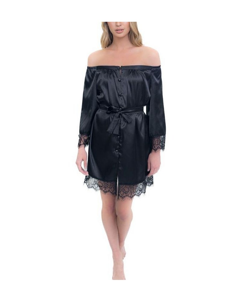 Women's Off-The-Shoulder Lace Trim The Hair and Makeup Robe Black $69.00 Sleepwear