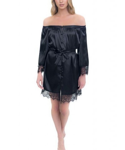 Women's Off-The-Shoulder Lace Trim The Hair and Makeup Robe Black $69.00 Sleepwear