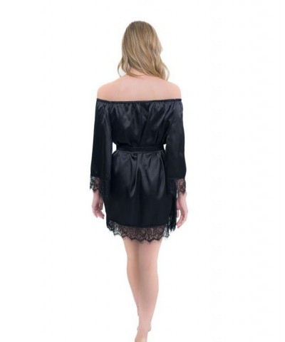 Women's Off-The-Shoulder Lace Trim The Hair and Makeup Robe Black $69.00 Sleepwear