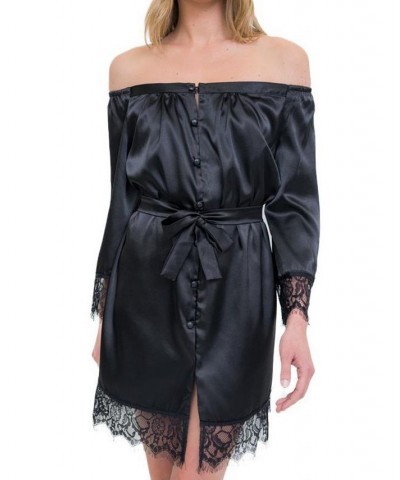 Women's Off-The-Shoulder Lace Trim The Hair and Makeup Robe Black $69.00 Sleepwear