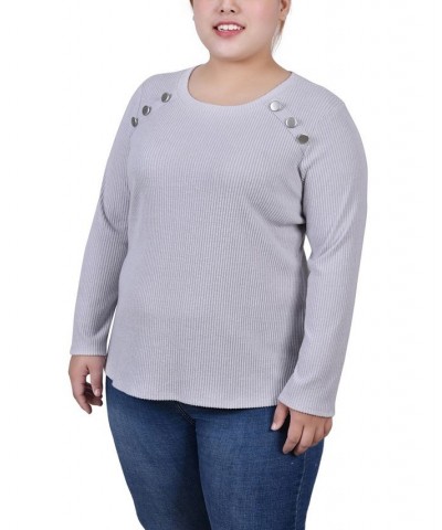 Plus Size Long Sleeve Ribbed Button Detail Top Gray $16.76 Tops