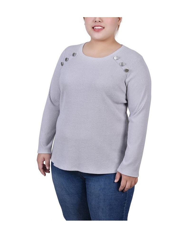 Plus Size Long Sleeve Ribbed Button Detail Top Gray $16.76 Tops