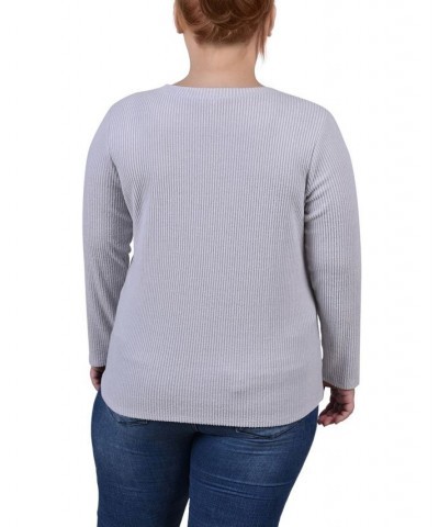 Plus Size Long Sleeve Ribbed Button Detail Top Gray $16.76 Tops