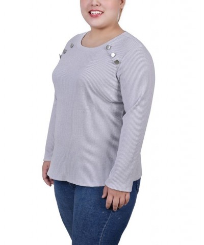 Plus Size Long Sleeve Ribbed Button Detail Top Gray $16.76 Tops