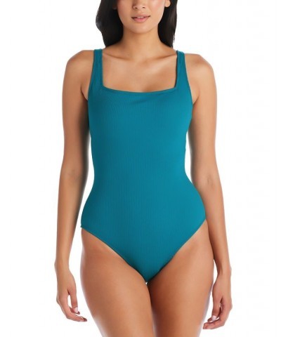 Women's Walk The Line Square-Neck Tank One-Piece Swimsuit Blue $51.60 Swimsuits