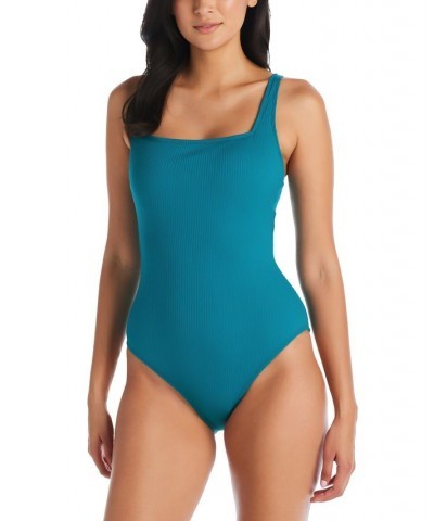 Women's Walk The Line Square-Neck Tank One-Piece Swimsuit Blue $51.60 Swimsuits