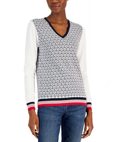 Women's Anchor Print Cotton V-Neck Sweater Bright White Multi $30.50 Sweaters