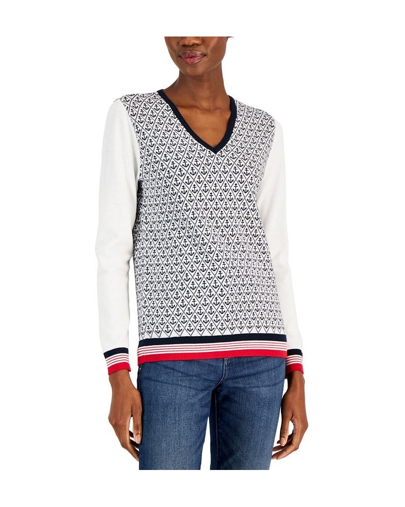 Women's Anchor Print Cotton V-Neck Sweater Bright White Multi $30.50 Sweaters