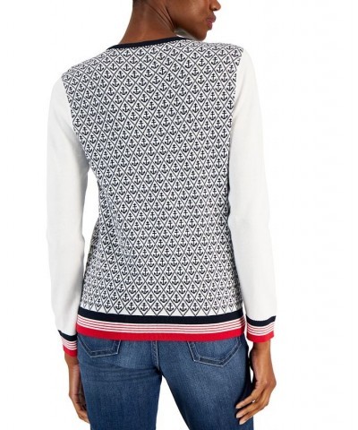 Women's Anchor Print Cotton V-Neck Sweater Bright White Multi $30.50 Sweaters