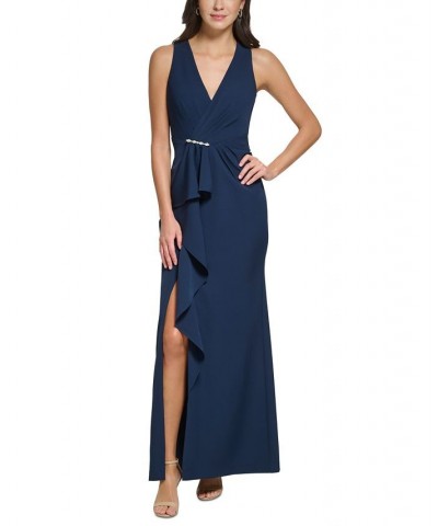 Women's V-Neck Cascading-Ruffle Side-Slit Gown Navy $83.16 Dresses