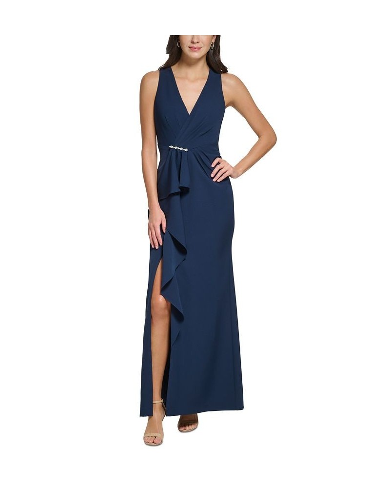 Women's V-Neck Cascading-Ruffle Side-Slit Gown Navy $83.16 Dresses