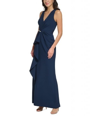 Women's V-Neck Cascading-Ruffle Side-Slit Gown Navy $83.16 Dresses