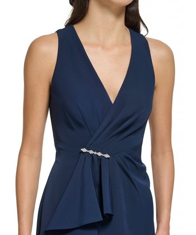 Women's V-Neck Cascading-Ruffle Side-Slit Gown Navy $83.16 Dresses