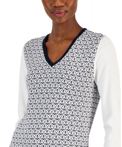 Women's Anchor Print Cotton V-Neck Sweater Bright White Multi $30.50 Sweaters