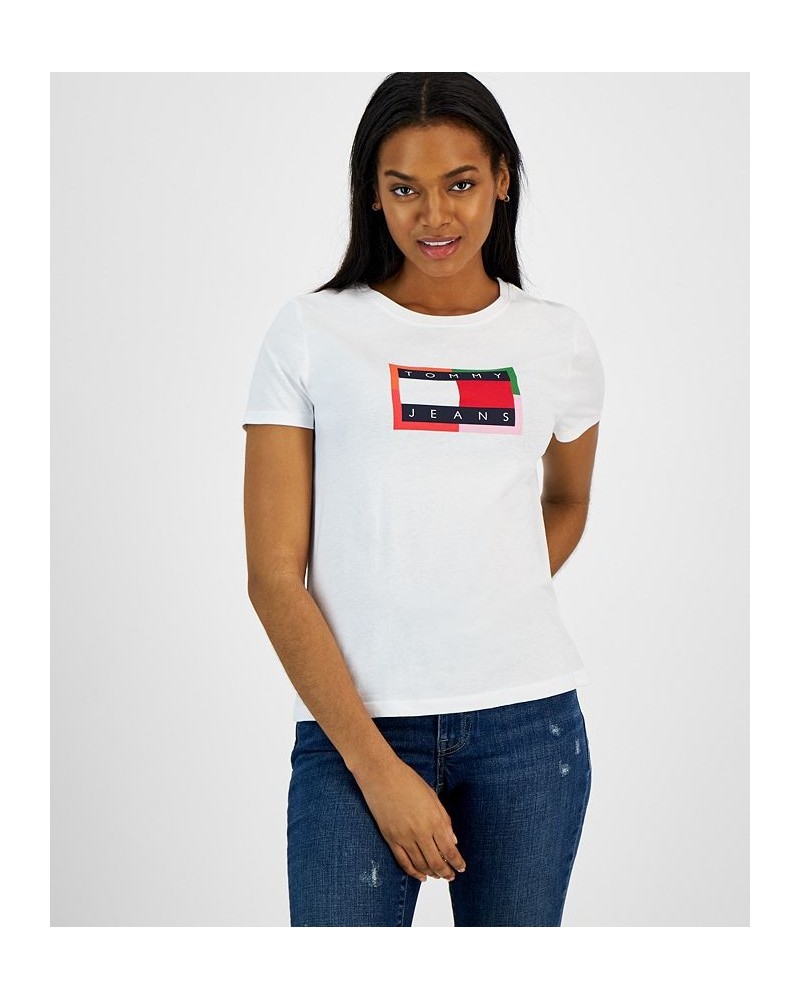 Women's Cotton Color Border Flag Logo Tee Top Bright White $17.41 Tops