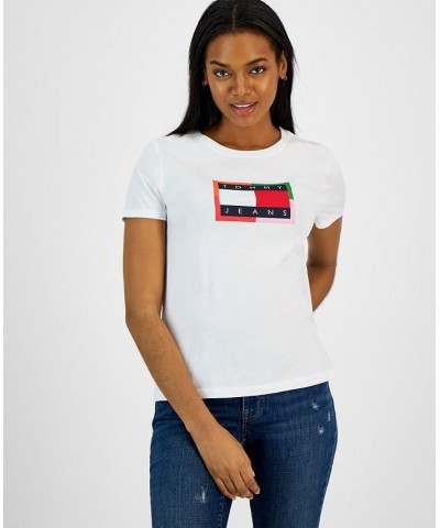 Women's Cotton Color Border Flag Logo Tee Top Bright White $17.41 Tops