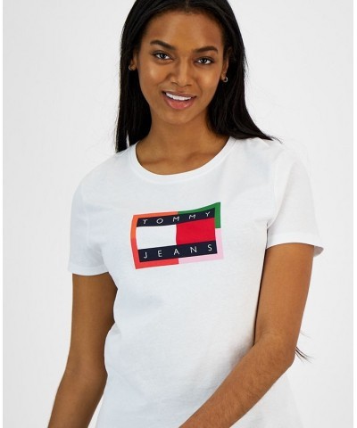 Women's Cotton Color Border Flag Logo Tee Top Bright White $17.41 Tops