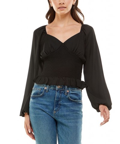 Juniors' Floral-Print Smocked-Waist Top Black $12.41 Tops