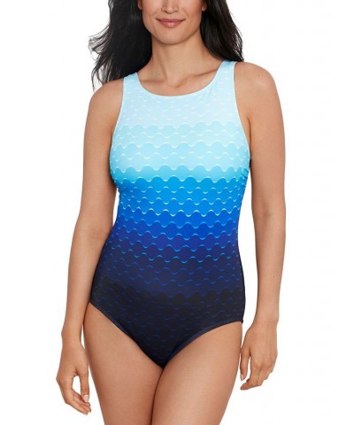 Shape Solver Sport for Women's Dotted Lines High-Neck One-Piece Swimsuit Blue $41.30 Swimsuits