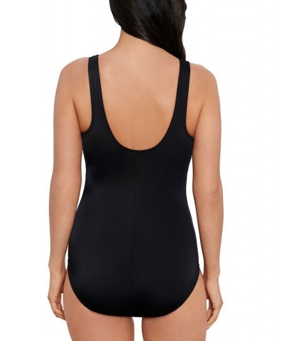 Shape Solver Sport for Women's Dotted Lines High-Neck One-Piece Swimsuit Blue $41.30 Swimsuits