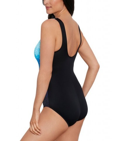 Shape Solver Sport for Women's Dotted Lines High-Neck One-Piece Swimsuit Blue $41.30 Swimsuits