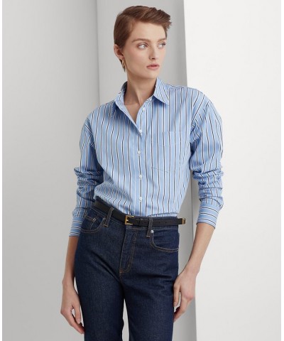 Women's Striped Cotton Broadcloth Shirt Blue $53.66 Tops