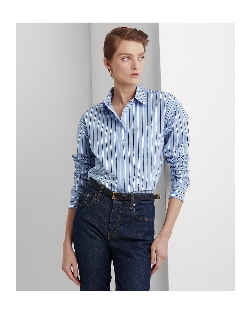 Women's Striped Cotton Broadcloth Shirt Blue $53.66 Tops