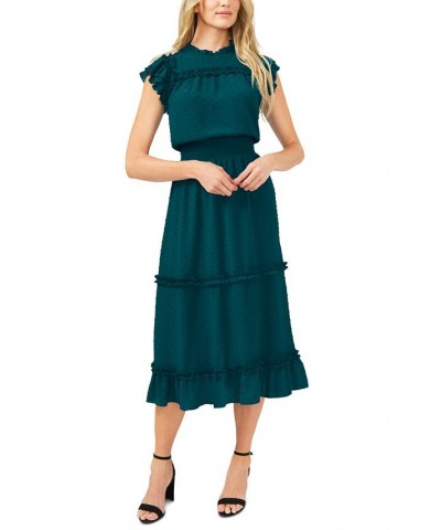 Women's Ruffled Flutter Sleeve Swiss Dot Midi Dress Peacock Teal $45.14 Dresses