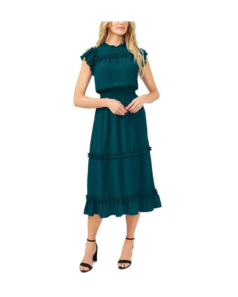 Women's Ruffled Flutter Sleeve Swiss Dot Midi Dress Peacock Teal $45.14 Dresses