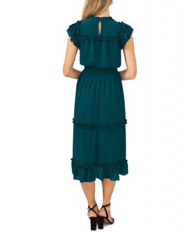 Women's Ruffled Flutter Sleeve Swiss Dot Midi Dress Peacock Teal $45.14 Dresses