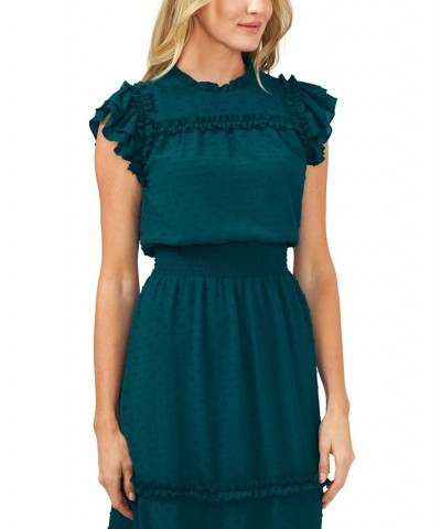 Women's Ruffled Flutter Sleeve Swiss Dot Midi Dress Peacock Teal $45.14 Dresses