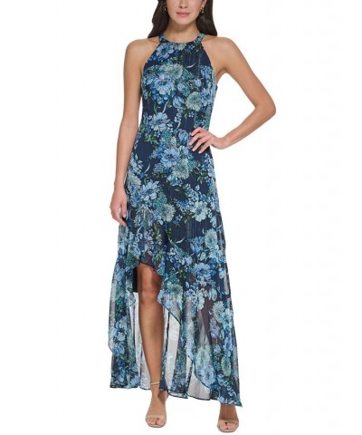 Women's Floral Chiffon Ruffled Halter Gown Navy Blue $69.30 Dresses