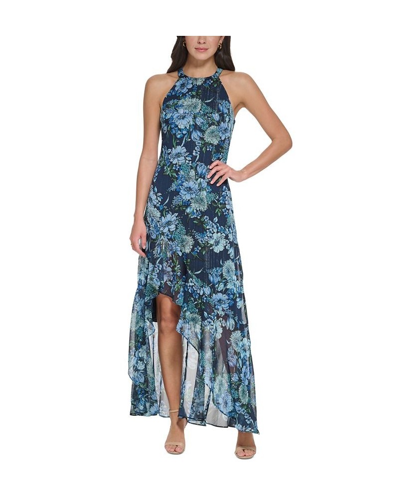 Women's Floral Chiffon Ruffled Halter Gown Navy Blue $69.30 Dresses