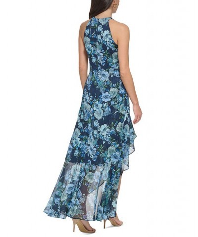 Women's Floral Chiffon Ruffled Halter Gown Navy Blue $69.30 Dresses