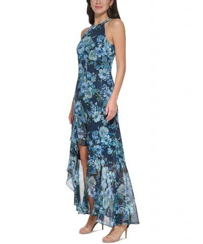 Women's Floral Chiffon Ruffled Halter Gown Navy Blue $69.30 Dresses