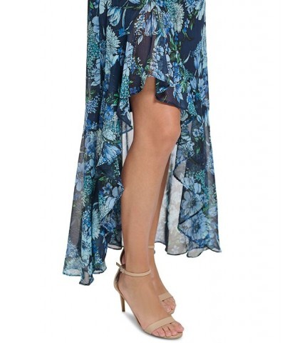 Women's Floral Chiffon Ruffled Halter Gown Navy Blue $69.30 Dresses