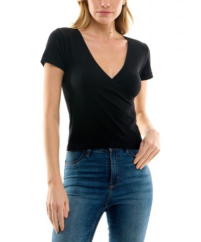 Juniors' Seamless Ribbed Surplice Top Black $9.80 Tops