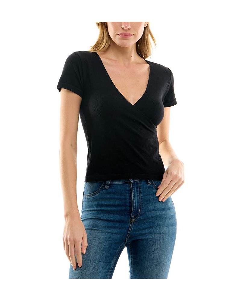 Juniors' Seamless Ribbed Surplice Top Black $9.80 Tops