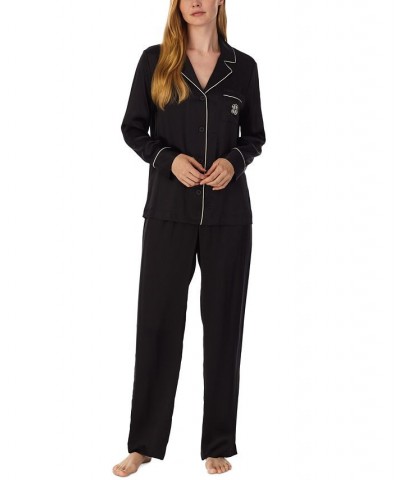 Women's Silk Notched-Collar Pajamas Set Black $67.77 Sleepwear