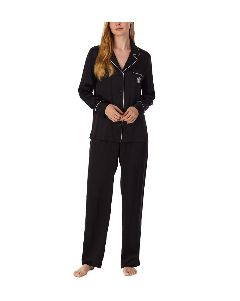 Women's Silk Notched-Collar Pajamas Set Black $67.77 Sleepwear