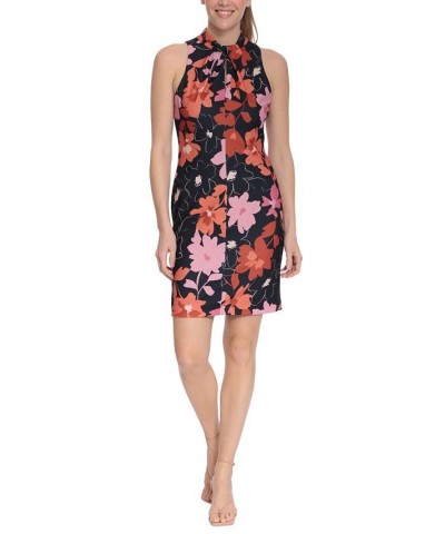 Petite Printed Halter Sheath Dress Black/Pink $33.79 Dresses