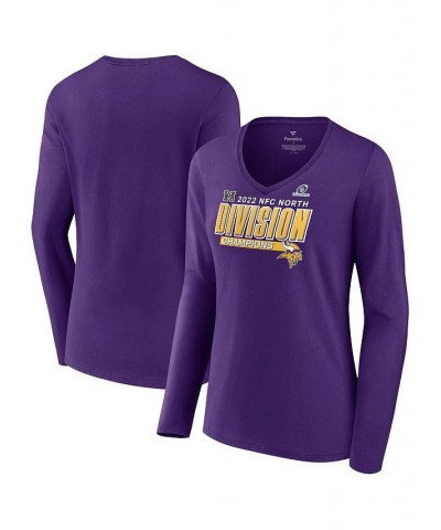 Women's Minnesota Vikings 2022 NFC North Division Champions Divide and Conquer Long Sleeve V-Neck T-shirt Purple $21.00 Tops