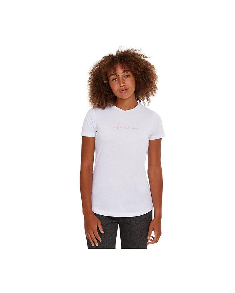 Abelia womens t-shirt white with pink script logo at chest White $16.80 Tops