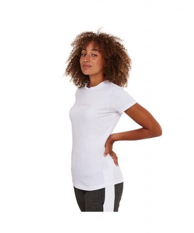 Abelia womens t-shirt white with pink script logo at chest White $16.80 Tops