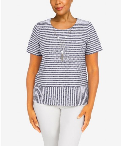 Women's Classics Stripe Texture Knit Short Sleeve Top with Necklace Navy, White $32.25 Tops